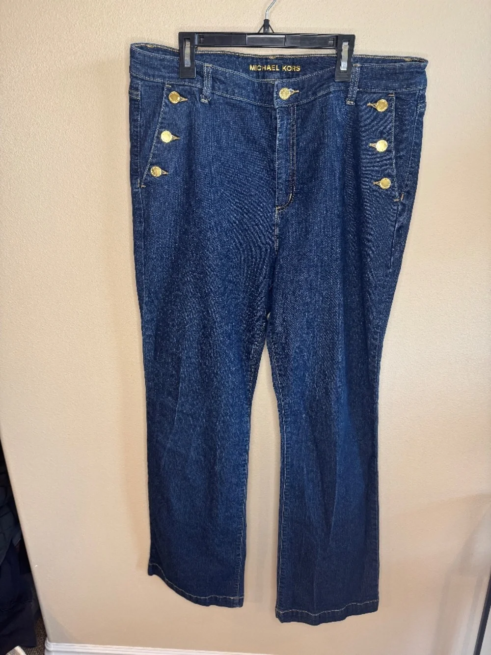 Michael Kors Women's Blue Sailor Button Jeans. Gold hardware. Size 16